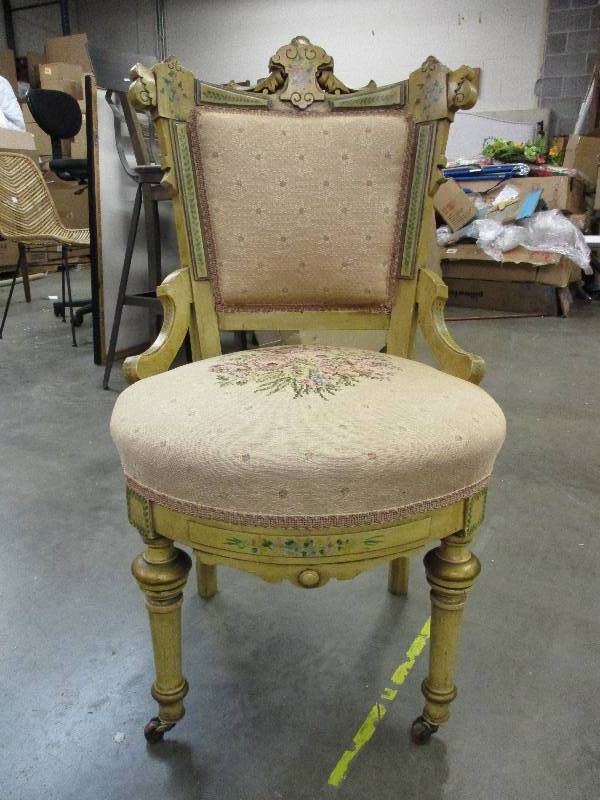 lot 9 image: Vintage Eastlake Needpoint Ornate Painted Chair -Excellent Conditon
