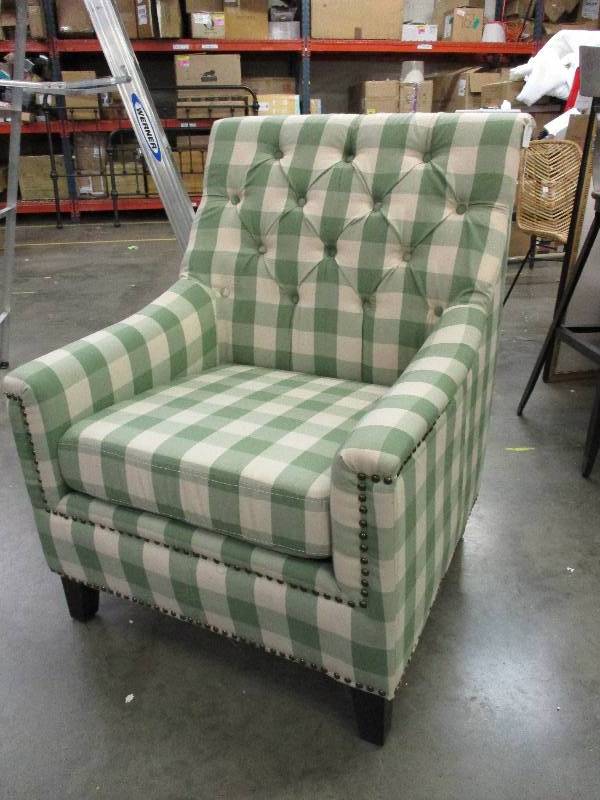 lot 130 image: Green & White Plaid Tufted Living Room Chair