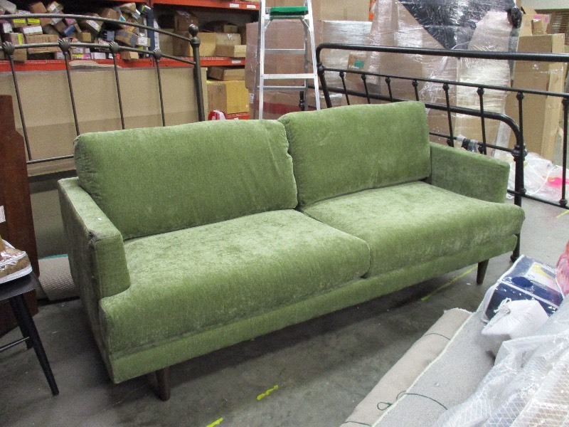 lot 208 image: Green Velvet Sofa has shipping damage on one arm