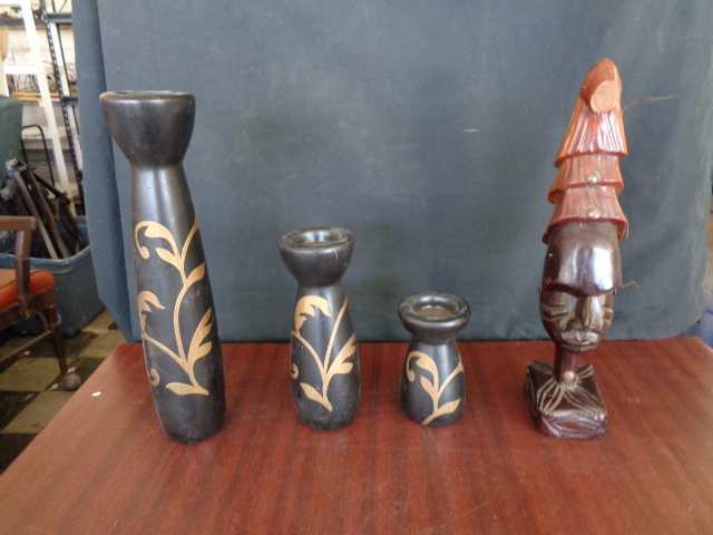 lot 6045 image: 3 Ceramic Candle Holders and Hand Carved Wood African Women