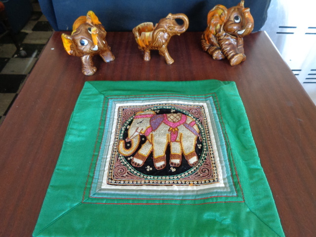 lot 6046 image: 3 ceramic Elephants and Elephant Pillow Case