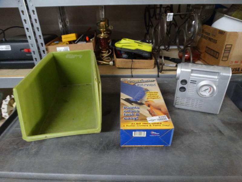 lot 8395 image: Small air compressorflashlight, paint edger and 2 plastic bins.