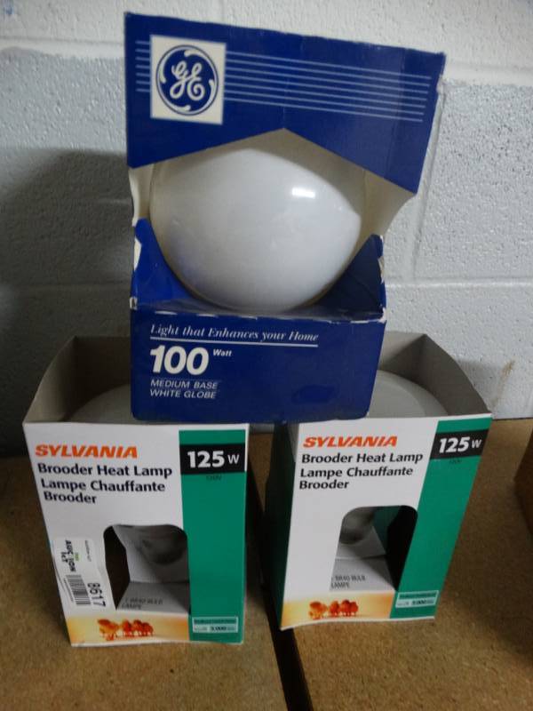 lot 8617 image: 2 Heat lamp bulbs and one globe bulb.