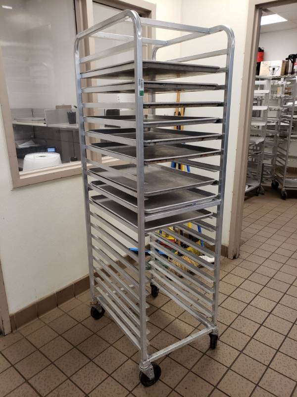 lot 5095 image: Stainless Steel Pan Rack on wheels 26x 20.5x 70.