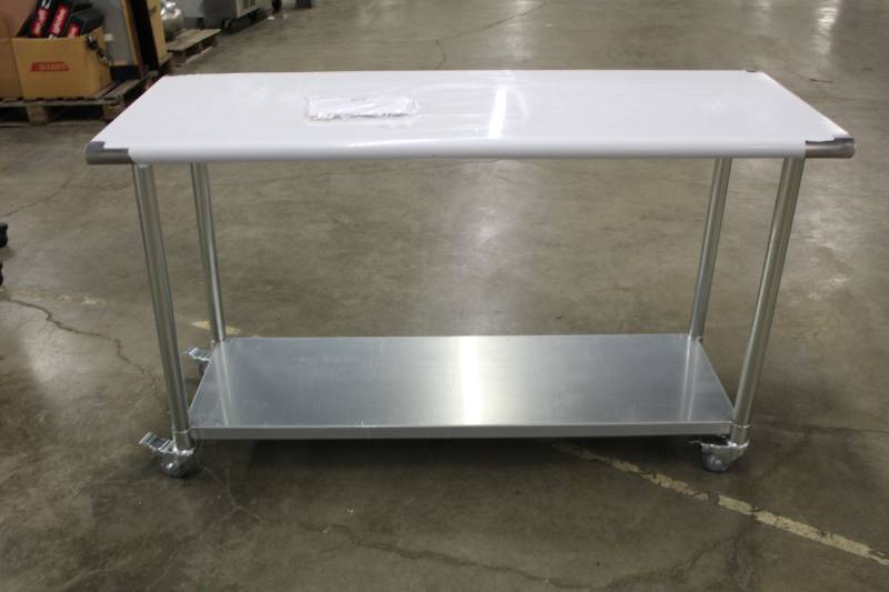 lot 1038 image: 60 inch Stainless Steel Work Table with Wheels - New
