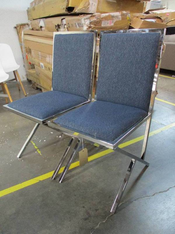 lot 131 image: PAIR OF BRAND NEW Blue & Chrome Dining Chairs