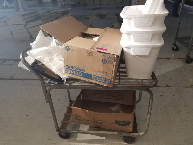 lot 2994 image: Metal Cart, Foam Coolers and Rolls of Paper Towels