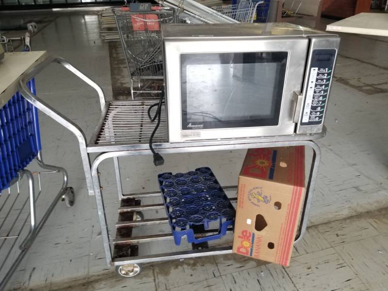 lot 4269 image: Amana Commercial Microwave Model RFS12SW2A and Metal Cart