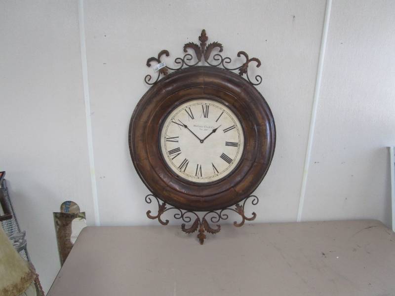 lot 2034 image: Ornate Wood Clock Roman Numeral Face