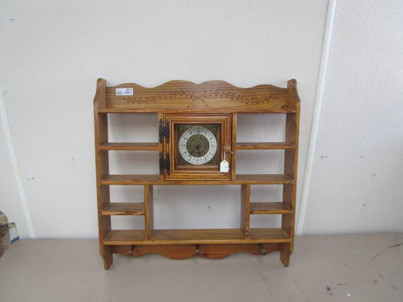 lot 2041 image: Wood Figurine Wall Shelf with Built in Clock