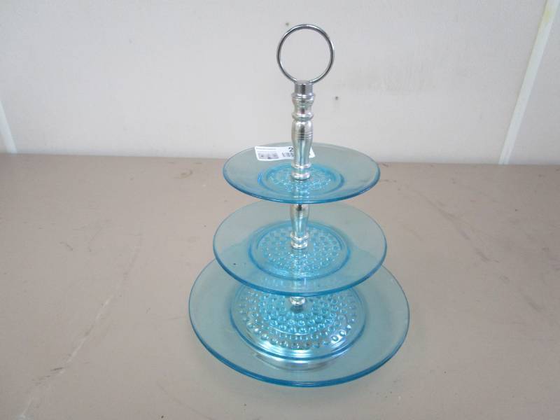 lot 2079 image: Lt. Blue  Silver Glass 3 Tier Serving Dish