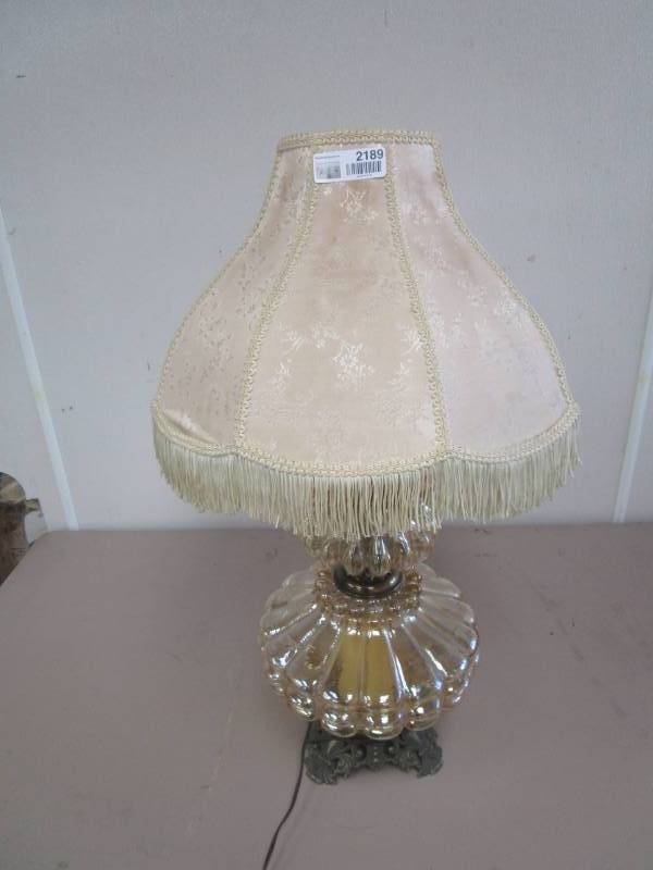lot 2189 image: Glass Lamp, Metal Base, Fringed Shade