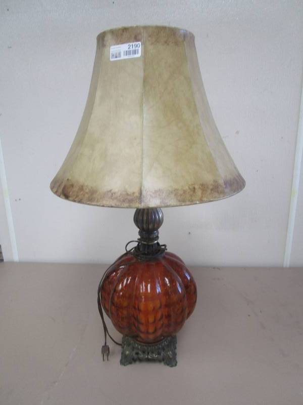 lot 2190 image: Dark Red Glass Lamp on Metal Base, with Shade