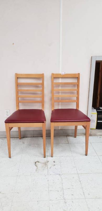 lot 2160 image: Two Wood with Red Vinyl Seat Chairs