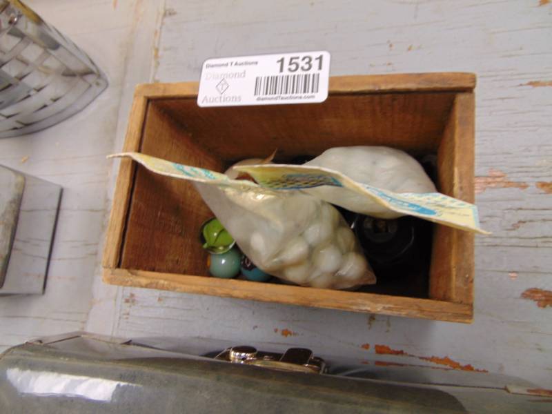 lot 1531 image: Wooden Box with vintage Doorknobs and Marbles