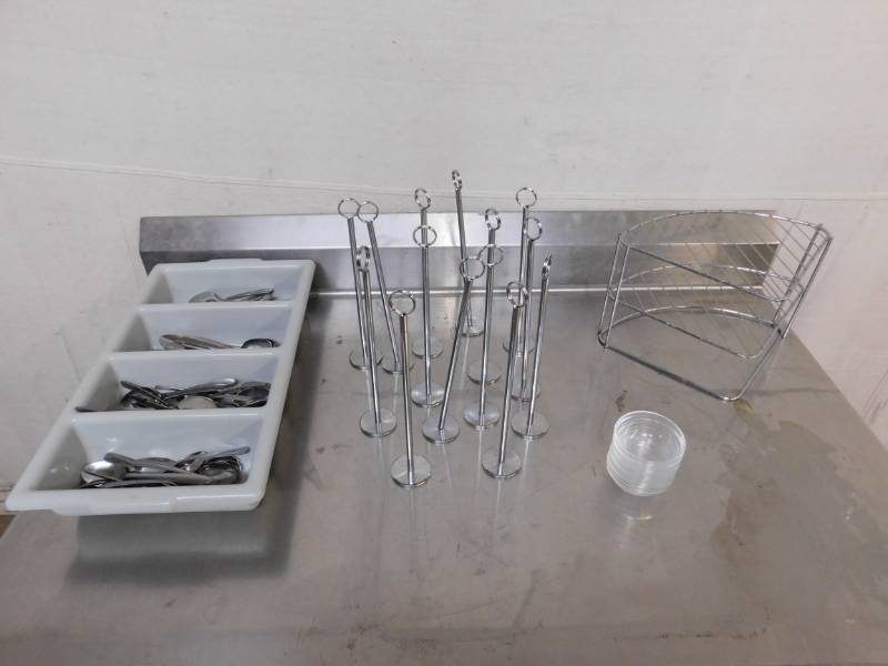 lot 1548 image: Flatware and Flatware Caddy, Table Top Menu Holders and Small Glass Bowls