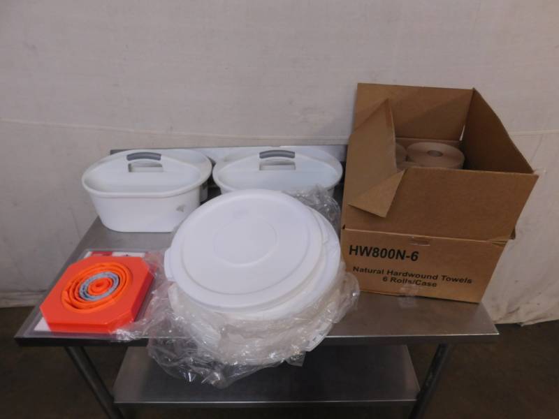 lot 1549 image: Sterlite Caddys, Justincase Collapsible Cone, Update Plastic Lids and 1 Box of Hand Towels