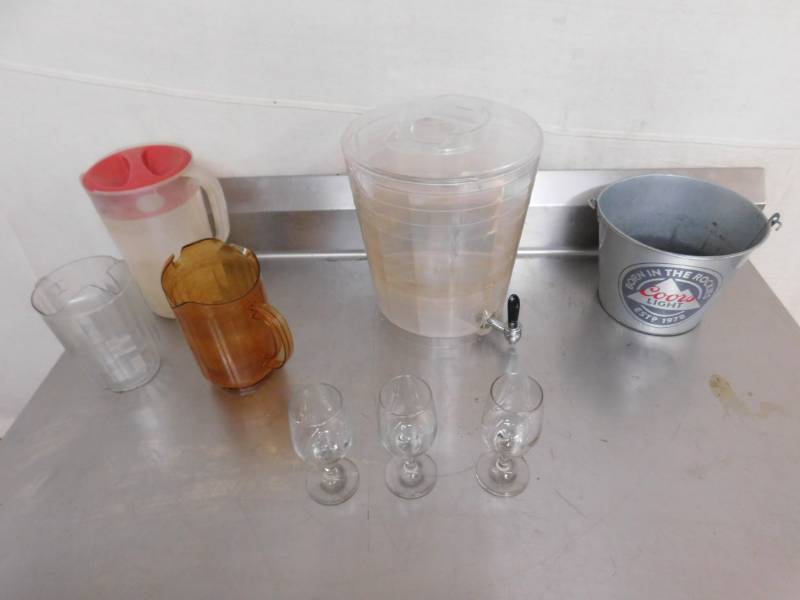 lot 1776 image: 3 Water Pitchers, Beverage Dispenser and 3 Wine Glasses