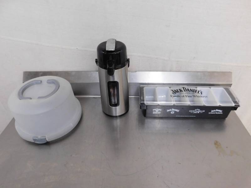 lot 1778 image: Plastic Cake Container with Carrying Handles, Airpot and Jack Daniels Drink Condiment Tray