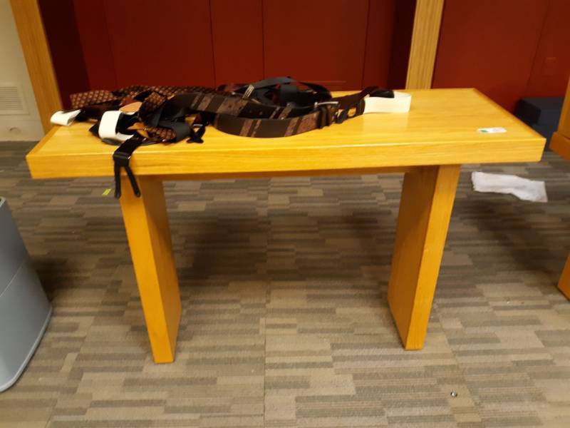 lot 2022 image: Solid Wood Table, Assorted Suspenders