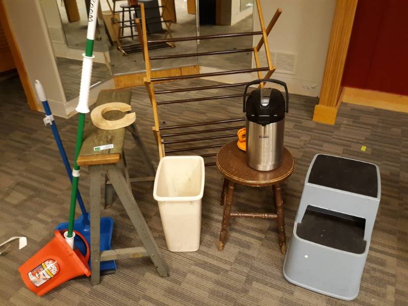 lot 2023 image: Clothes Drying Rack, Stepstool, Coffee Decantor, Sawhorse, and More