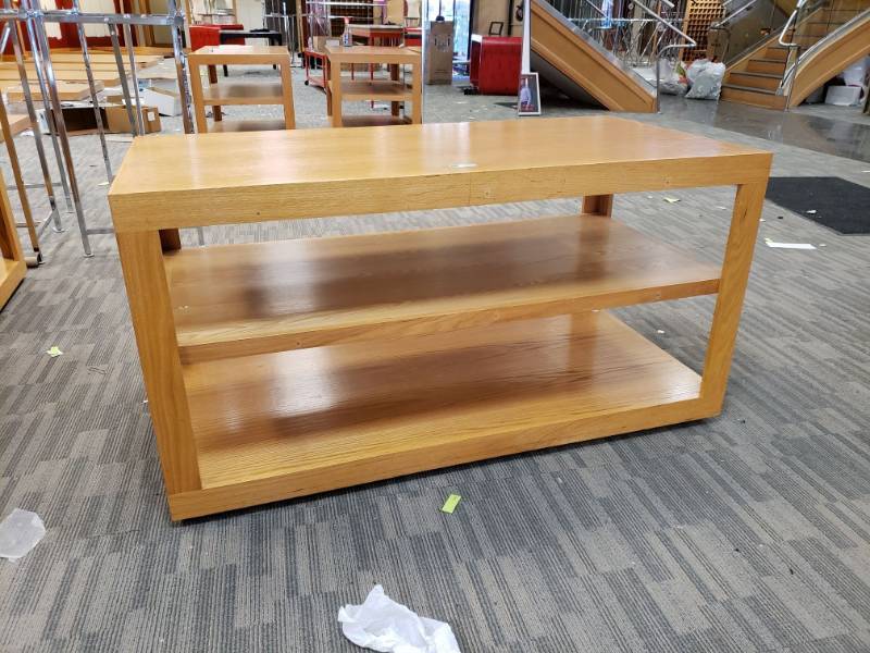 lot 2039 image: Wood Table with Shelves On Wheels