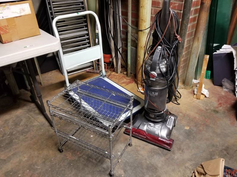 lot 2068 image: Small Cart on Wheels, Hoover Vacuum and Metal Rack
