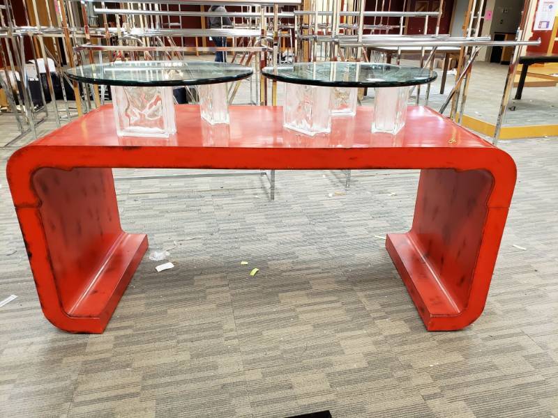 lot 2075 image: Red Display Table with Glass Display Stands