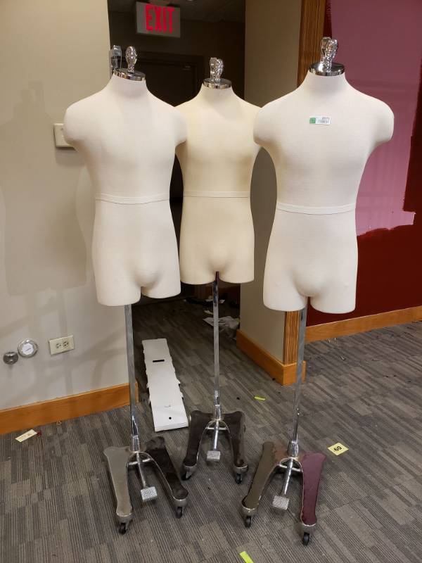 lot 2076 image: (3) Maniquins with Stand on wheels