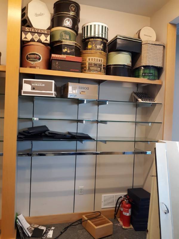 lot 3029 image: 6 Glass & Metal Shelves 3x16 , Wood Shelf 6x16 , Vintage Hat Boxes and more