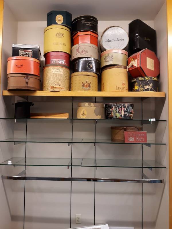 lot 3039 image: 6 Glass & Metal Shelves, Wood Shelf, Vintage Hat Boxes