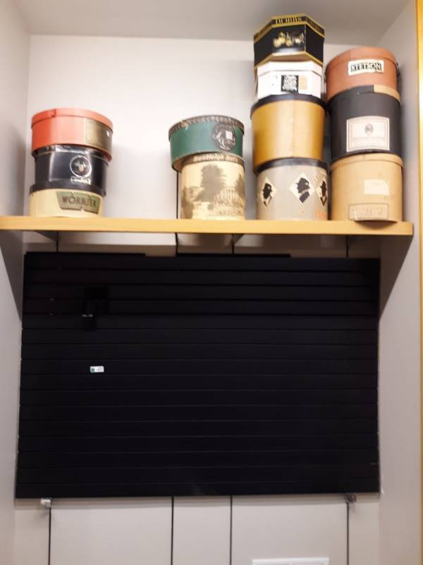 lot 3040 image: Slat Wall, Wood Shelf, and Vintage Hat Boxes