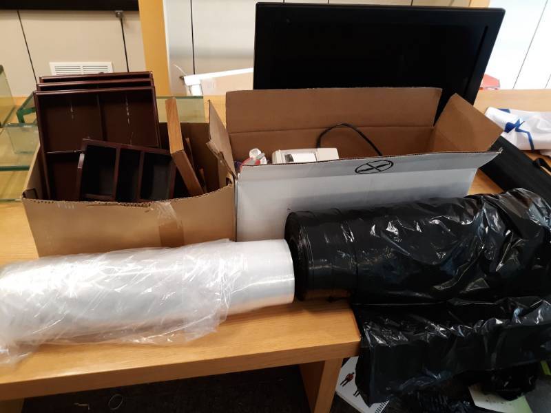 lot 3181 image: Office Supplies, Wood Organizer Boxes, Garment Bags, Sanyo TV, and More