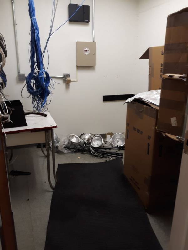 lot 4493 image: Metal Retro Desk, Metal Framed Wood door, Wardrobe Boxes, Fire Extinguisher, and More
