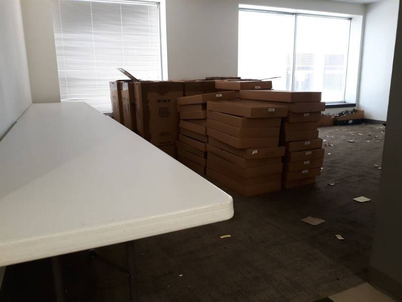 lot 4495 image: (2) 8 Plastic and Metal Utility Tables, Wardrobe Boxes, Tie Boxes, and Hangers