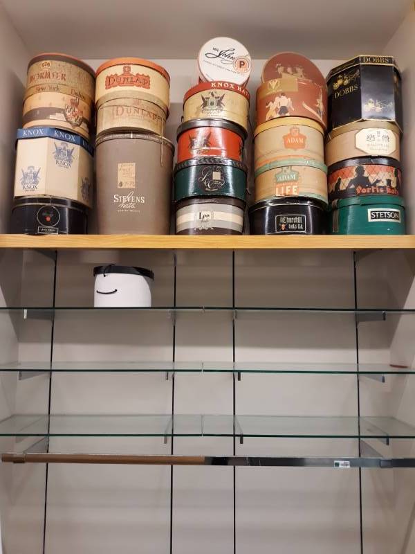 lot 3041 image: Glass & Metal Shelves, Wood Shelf, Vintage Hat Boxes