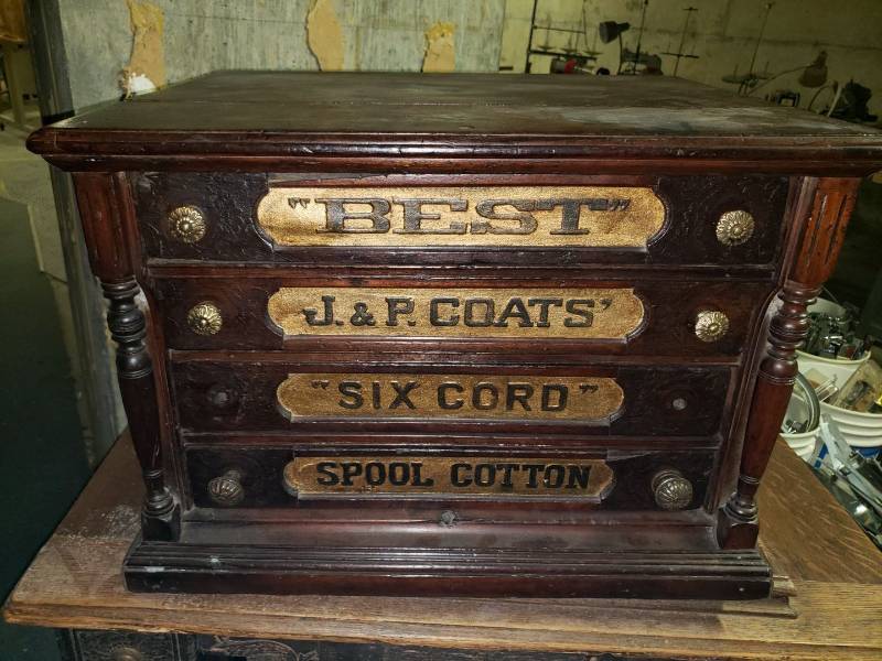 lot 9058 image: Antique 4 drawer wooden cotton spool storage