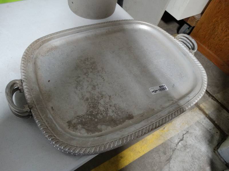 lot 8901 image: 4 large 2 handle serving trays- metal- 26 long