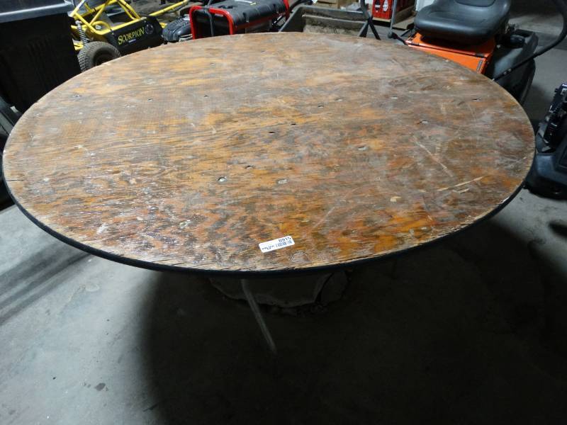 lot 8915 image: Round wood folding banquet table- 60 round