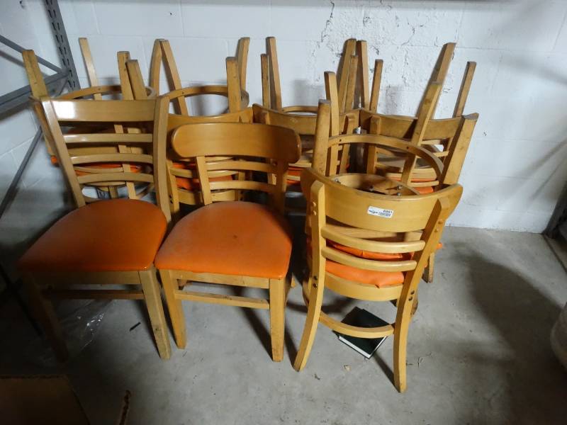 lot 8991 image: 12 padded wood chairs from HOOTERS restaurant
