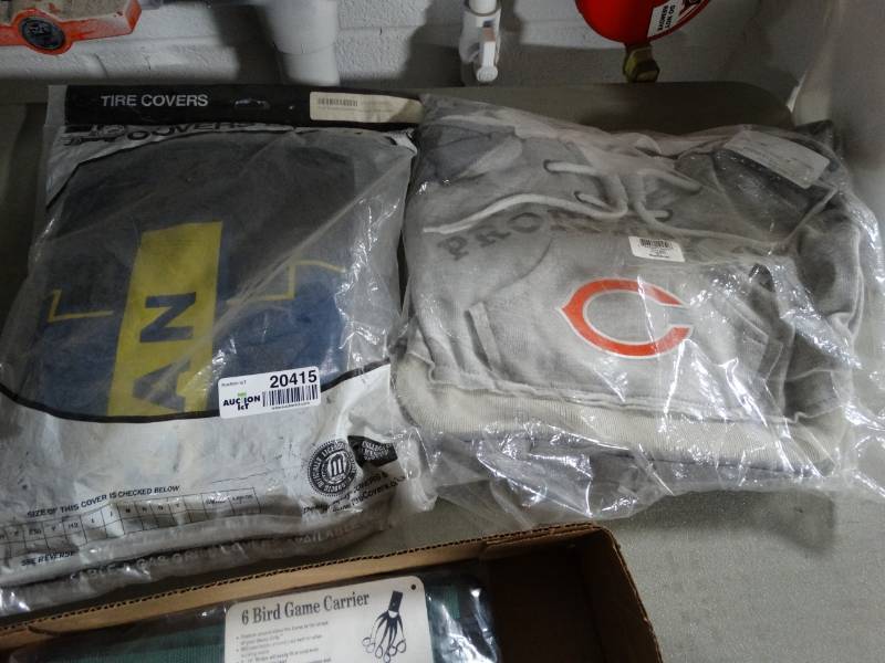 lot 20415 image: Michigan tire cover & Chicago Bears hoodie- new in packages