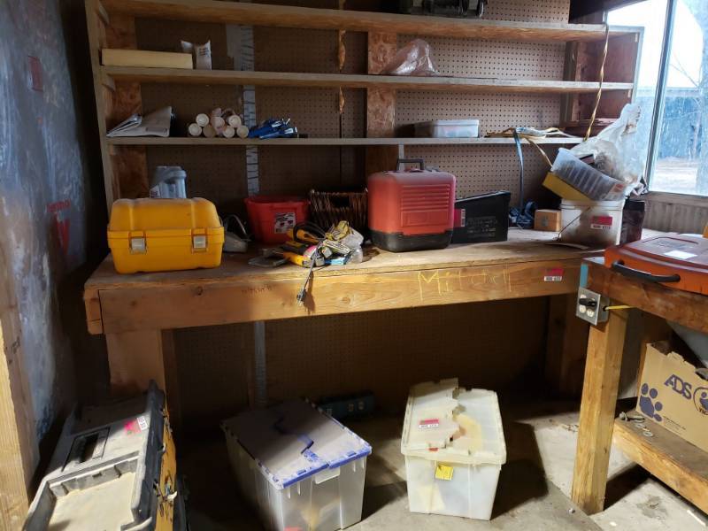lot 6522 image: Custom Wooden Work Bench with shelves.