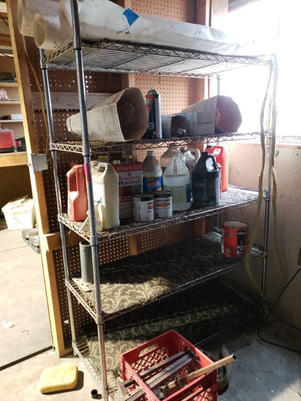 lot 6524 image: 5 Tier Metal Rack with Various Items