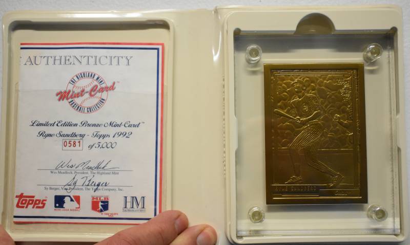 lot 1015 image: 1992 Topps Ryne Sandberg Chicago Cubs Limited Edition Highland Mint Bronze Card - In Package - Only 5,000 Made