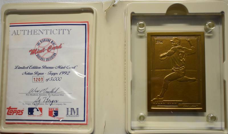 lot 1018 image: 1992 Topps Nolan Ryan Limited Edition Highland Mint Bronze Card - In Package - Only 5,000 Made