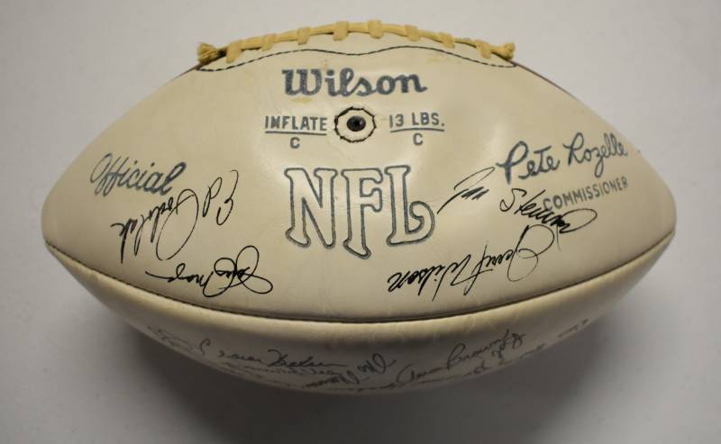 lot 1050 image: Team Signature 1969 Kansas City Chiefs Super Bowl Champions Printed Signatures NFL Football - Len Dawson, Lanier, Bell, Podolak, Stenerud, Wilson, & More