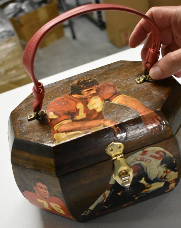 lot 1072 image: Homemade Kansas City Chiefs Wooden Womans Handbag with Transfers & Lots of Work Involved