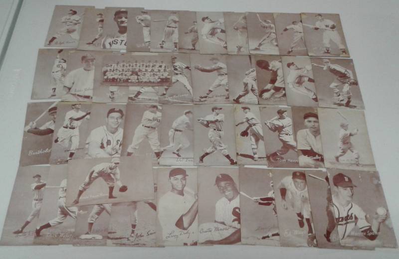 lot 1178 image: Huge Lot of 45 Original 1947-66 Exhibit Baseball Cards Including Hall of Famers Pee Wee Reese Warren Spahn Jackie Robinson (in team photo) & more