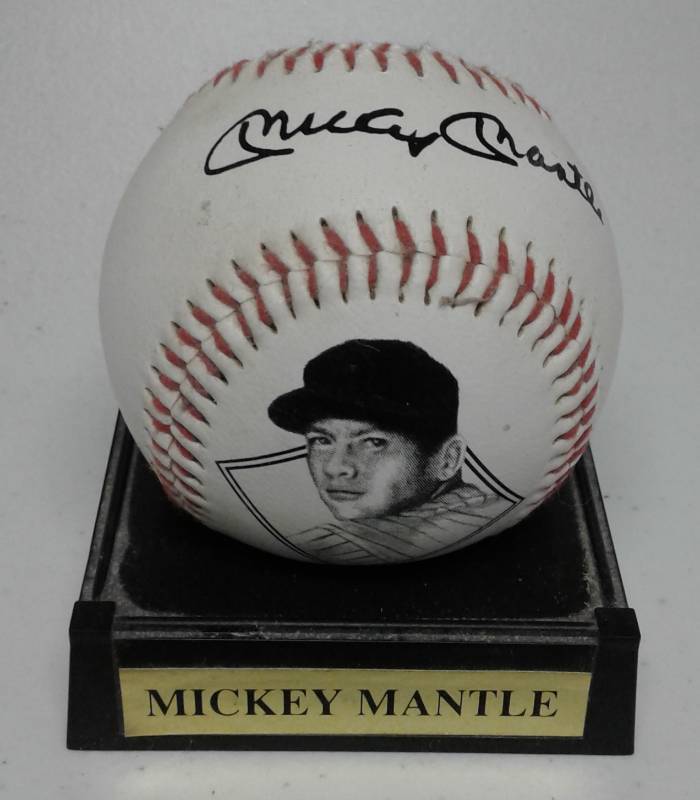 lot 1179 image: Mickey Mantle Photoball & Stat Ball with Facsimile Signature & Stand