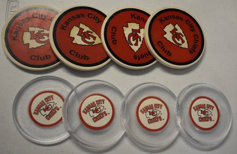lot 1074 image: Two Sets of Four Coasters Each Kansas City Chiefs - Vintage from 1980s & One Contemporary Set